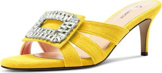 Castamere Womens Mid Heel Open Toe Slip-on Mules Shoes Sandals Rhinestone Crystal Gladiator Wedding Prom Casual 6.5 CM Heels Yellow 6.5 UK