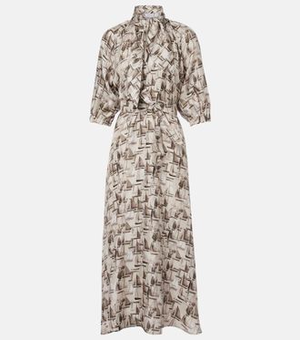 Max Mara Printed tie-neck silk twill midi dress