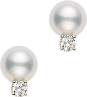 Mikimoto Pearl Studs with Diamonds A+ D0.06 Carat 18 Karat Yellow Gold PES602DK