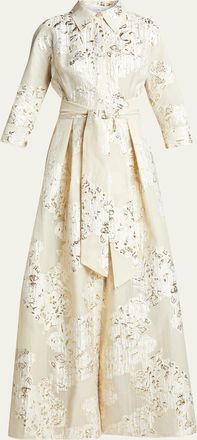 Teri Jon Belted Jacquard Shirtdress Gown