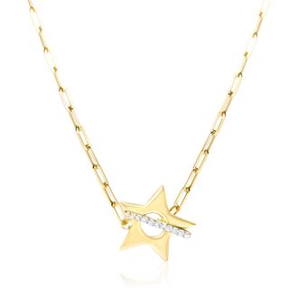 House of Brilliance 18K Yellow Gold Plated Sterling Silver Diamond Accent Star Pendant Necklace with Paperclip Chain