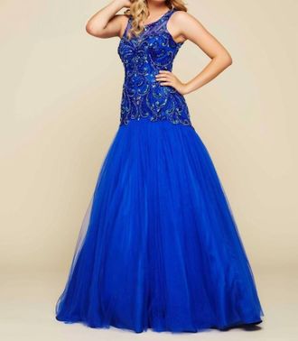 Mac Duggal Open Back Beaded Gown In Cobalt