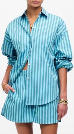 Madewell Stripe Boxy Button-Up Shirt in Bayside Stripe/Cool Aqua at Nordstrom Rack, Size Medium