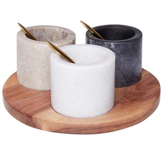 Beliani Bandeja Para Servir Con 3 Cuencos De M&aacute;rmol Madera De Acacia Acero Inoxidable Con Cucharillas Vajilla Multicolor Heraklion