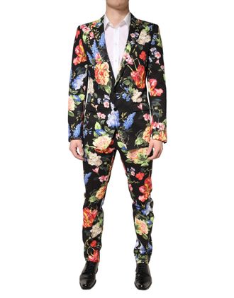 Dolce & Gabbana Mens Black Floral Single Breasted Martini 2 Piece Suit Cotton