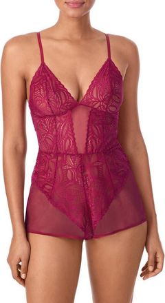 DKNY Deco Lace & Mesh Romper in Red Plum at Nordstrom, Size X-Large