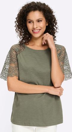 Heine Spitzenshirt HEINE Shirt, Damen, Gr. 34, khaki, 100% Baumwolle, unifarben, Rundhals, Shirts Spitzenshirt