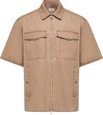 Moncler Moncler Short Sleeve Cotton Zip-up Shirt, Men, Brown, Size: Xxl