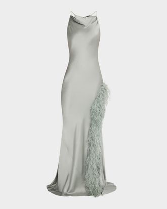 Sally Lapointe Cowl Satin Ostrich Feather Gown