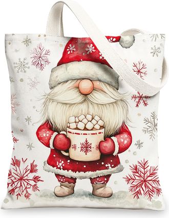Generic Merry Christmas Gnome Santa Canvas Tote Bag for Shopping 13x15, Snowflakes Xmas Candy Reusable Grocery Print Bag for Women Men, Holiday New Year Aesth