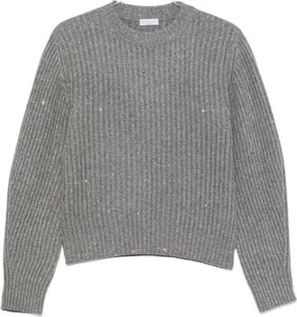 Brunello Cucinelli Trui met pailletten - Dames - Ronde hals truien - Grijs - M - Pailletten - Truien & Vesten