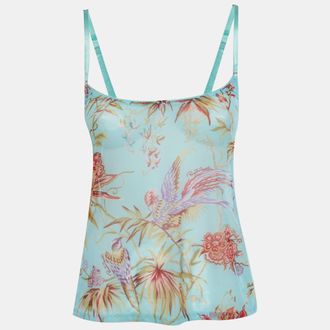 Roberto Cavalli Blue Oriental Bird Print Sheer Mesh Top