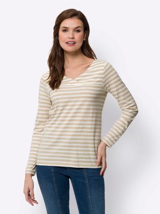 Heine V-Shirt HEINE Shirt, Damen, Gr. 36, beige (sand, ecru, gestreift), 50% Baumwolle, 50% Modal, gemustert, gestreift, V-Ausschnitt, Shirts V-Shirt