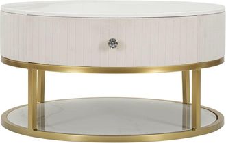 Mauro Ferretti Mesa de centro de metal dorado, tela beige y madera blanca ø cm 75x36