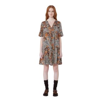 Max Mara Short Dresses, female, Multicolor, Size: M Abito kaftano corto in jersey di puro cotone con gonna a balze e motivo stampato all over