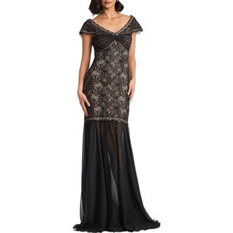 Tadashi Shoji Off the Shoulder Mixed Media Lace Gown in Black/Nude at Nordstrom, Size 14