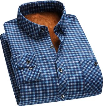Generic Mens Checked Shirts Thermal Soft Regular-Fit Long-Sleeve Fleece Lined Button Down Shirt Casual Versatile Plaid Shirt Work Wear with Chest Pockets Size