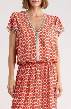 Max Studio Floral Flutter Sleeve Bubble Hem Top in Cream/Papaya Poppy Buds at Nordstrom Rack, Size X-Large