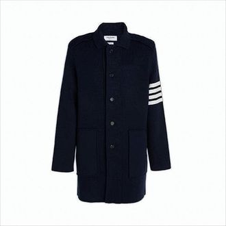 Thom Browne Tailored Blue Coat With Classic Collar And Striped Accent
