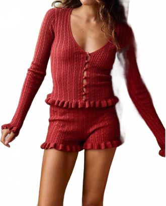 Runaway The Label Aurora Long Sleeve Button Knit Top In Red
