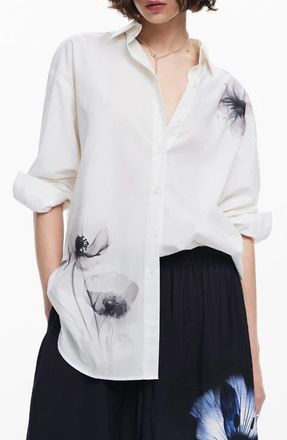 Desigual Osaka Floral Oversize Cotton Button-Up Shirt in White at Nordstrom, Size Large/x-Large