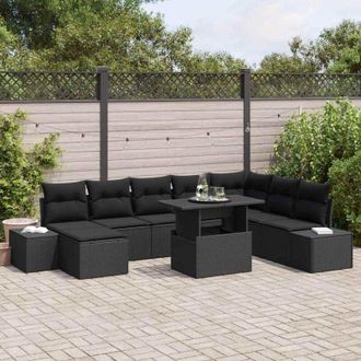 vidaXL Conjunto De Sof&aacute; De Jard&iacute;n Con Coj&iacute;n 9 Pcs Negro Vidaxl