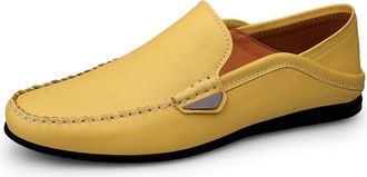 Generic Mens Loafers Simple Moccasins Shoes Leather Resistant Comfortable Flat Heel Prom Slip On(Yellow,6.5 UK)