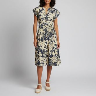 Carolina Herrera Navy Blue Floral Print Linen Blend Flared Midi Dress