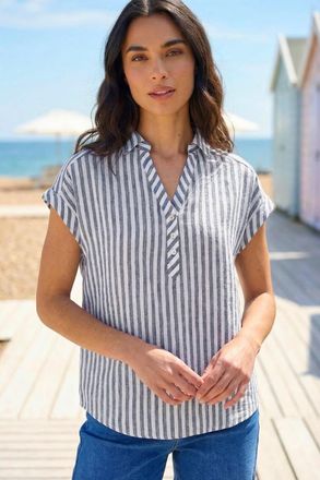 Roman Stripe Print Button Front Top