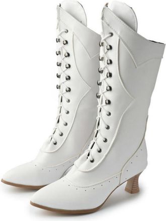 Generic Womens Vintage Lace - Up Mid - Calf Boots with Brogue Detailing & Kitten Heel,Autumn and Winter Office Wear,White,11 UK