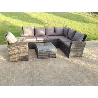 Fimous 7 seater high back dark grey mixed rattan corner sofa set chair square coffee table outdoor furniture right option - Fimous