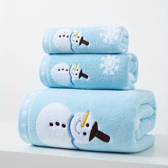 OEM Juego De 3 Toallas De Ba&ntilde;o Navide&ntilde;as Bordadas Con Un Motivo De Mu&ntilde;eco De Nieve, 100% Algod&oacute;n, 1 Toalla De Ba&ntilde;o + 1 Toalla Facial + 1 Toalla De Mano, S