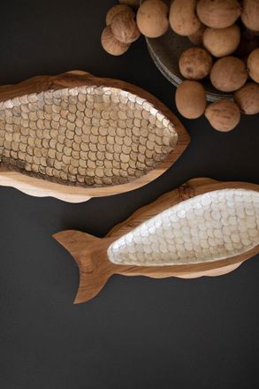 Kalalou Set Of Two Carved Teak Fish With Capiz Detail