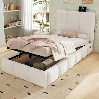 Merax Boucl&eacute; 3ft Single Ottoman Bed with Tufted Headboard & USB Port in White