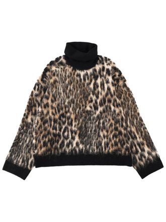 Ganni High-Collar Animalier Alpaca Wool Sweater - Brown