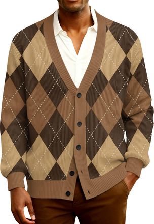 Generic Mens Knitted Cardigan Classic Plaid Cardigans V Neck Button Jumper Winter Warm Casual Long Sleeve Wool Blend Sweater