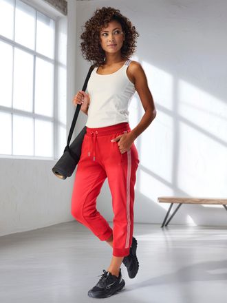 H.I.S Relax-Caprihose H.I.S, Damen, Gr. XL (48/50), N-Gr, rot, Interlock, Obermaterial: 100% Baumwolle, unifarben mit Farbeinsatz, bequem ca. Mitte Wade, Ho