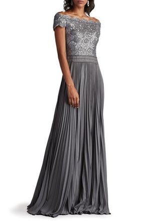 Tadashi Shoji Off the Shoulder Sequin Lace Pleated Gown in Mist at Nordstrom, Size 6