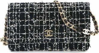 Chanel Matelasse Black White Tweed Leather Chain/Shoulder Wallet (Pre-Owned)
