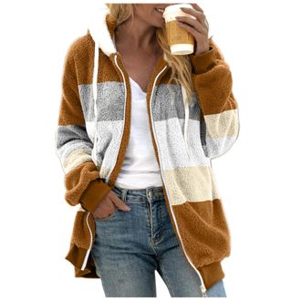 Generic Bed Jackets for Women Winter Warm Fuzzy Sherpa Hooded Full Zip Jacket Color Block Long Sleeve Fluffy Coats Ladies Oversized Hoodie Plus Size Soft Plus