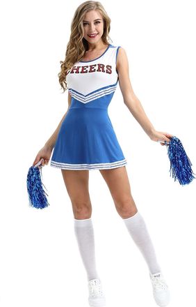 Generic Women Halloween Cosplay Cheerleader Costume Outfit with Pom Poms Role Playing and Festive Celebrations Dress Clothes Set (Blue, XXL)