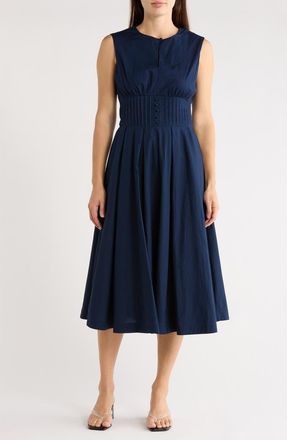 Halogen Sleeveless Pintucked Empire Waist Cotton Midi Dress in Classic Navy at Nordstrom Rack, Size X-Small