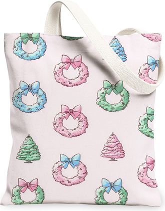 Generic Christmas Wreath Canvas Tote Bags, Bow Pattern Reusable Shopping Bags, Winter Charming Vintage Washable Shoulder Strap Canv, Peach, 13x15 Inch