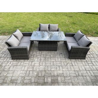 Fimous 6 Seater Rattan Wicker Garden Furniture Patio Conservatory Sofa Set with Height Adjustable Rising Lifting Table Double Seat Sofa Side Table - Fimous