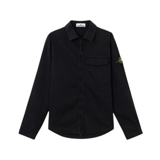 Stone Island Light Jackets, male, Black, Size: 2XL 1200015 Stretch Cotton Satin Overshirt