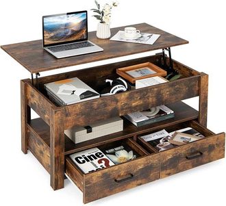 Costway Costway - Mesa de Centro con Tablero Elevable, Mesa de Café Industrial con Compartimento, Estante de Almacenamiento y 2 Cajones, Mesita Mueble Salon