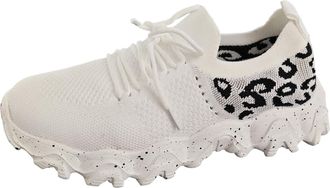 Generic Womens Fashion Leopard Print Sneakers Mesh Fabric Casual Walking Shoes Breathable Lace Up Design (White, 4.5)