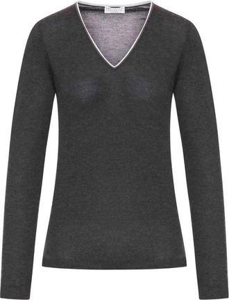Brunello Cucinelli V-hals Geborduurd Vest - Dames - Truien - Grijs - Maat: L