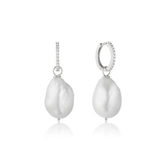 Lily & Roo Silver Diamond Style Slim Baroque Pearl Drop Huggie Hoop Earrings