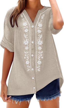 Generic Linen Tops for Women UK V-Neck 3/4 Sleeve Button Down Blouse Loose Fit with Asymmetric Hem Breathable Lightweight Solid Ladies Shirts for Casual Daily